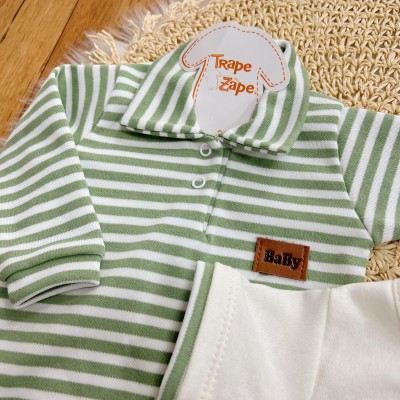 Conj. de Malha 3 peças - Bear Baby Listrado - Verde e Off White
